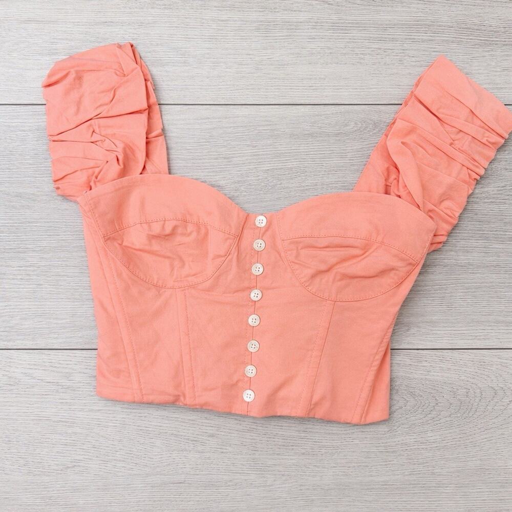 Staud Top Size Small Coral Puff Sleeve Bustier Crop Top Cottagecore Romantic